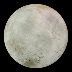 Wall Mural - A detailed, full-disk rendering of Europa, one of Jupiter's Galilean moons, showcasing its smooth, icy surface crisscrossed by distinctive reddish-brown lines and subtle cracks. 