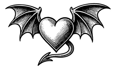Wall Mural - heart with devil wings and tail, engraved vector illustration in black and white