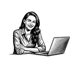 Aufkleber - Happy Young Businesswoman with Laptop Smiling in Black and White Engraving Style Art