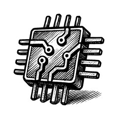 Aufkleber - Hand Drawn Style Illustration of a Microchip with Black and White Color Scheme