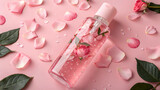 Rose water toner skincare product for face with petals and leaves on pink background for beauty routine