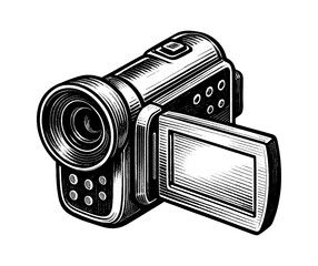 Aufkleber - Vector Illustration of a Black and White Vintage Camcorder in Detailed Engraved Style
