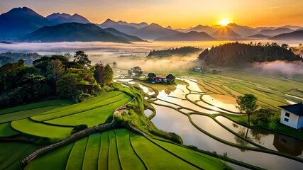 Wall Mural - serene sunrise over lush green rice terraces and tranquil water reflections