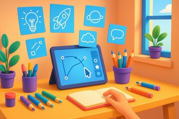 Poster - Creative Workspace with Digital Tablet and Sketching Tools in Bright Room Environment