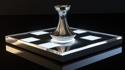 A glossy, metallic chess piece sits atop a transparent display.