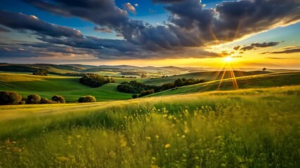 Wall Mural - sunset over rolling green hills with wildflowers and tall grass