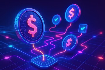 Poster - Digital currency concept with neon coins connected by glowing lines on a futuristic background