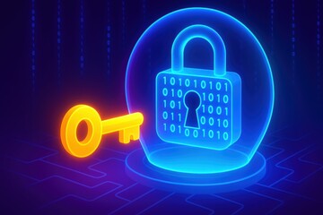 Poster - Bright Digital Lock with Key Inside a Futuristic Glass Dome against a Dark Background