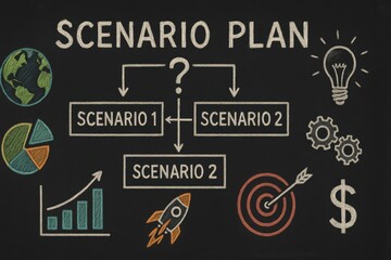 Poster - Creative Scenario Planning Diagram with Chart, Lightbulb, Rocket, and Targets on Chalkboard Background