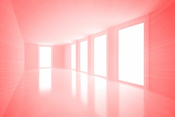 Poster - Flat design corridor is flooding reflective floor with pink glow through five tall windows
