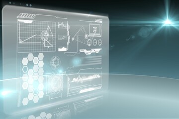 Poster - Floating holographic interface panel in space, showing line graphs, hex-grid, gauges in 3D render
