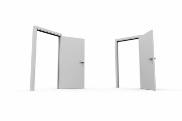 Poster - Flat design illustration is showing two open door frames with metallic handles on white surface
