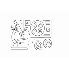 Poster - Artificial Intelligence Integrated with Microscopy for Scientific Research and Analysis Representing Technological Advancement in Biology and Healthcare with a Modern Clean Line Art Style