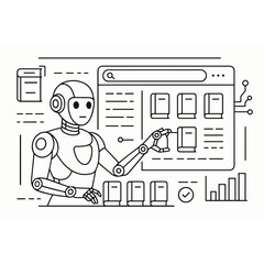 Poster - Robot Librarian Managing Digital Library Resources with Search Interface Book Icons and Data Visualization in a Clean Line Art Style Illustration robot