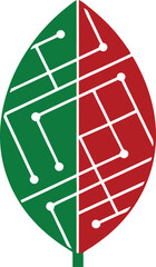 Poster - Green and red leaf with circuitry design symbolic of technology and nature