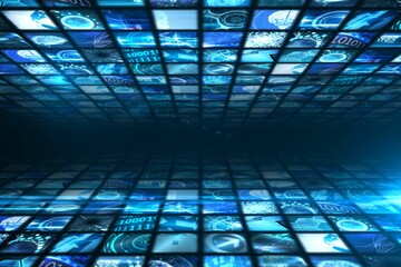 Poster - Walls of digital screens in blue