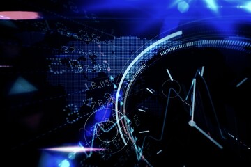 Poster - Digital clock interface is glowing over map showing numeric data and light streaks in flat design