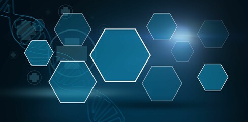 Poster - large central blue hexagon is floating in dark flat design, showing dna helix and medical crosses