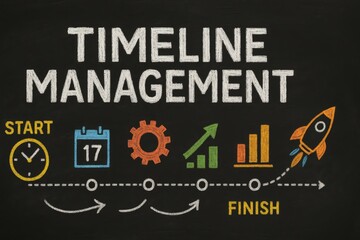 Poster - Timeline Management Concepts with Start and Finish Indicator on Chalkboard Background