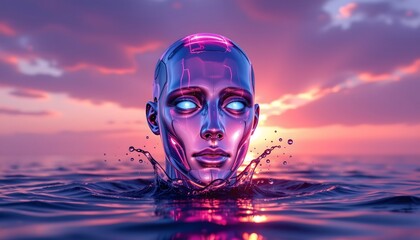 Poster - glass robot head with water droplets and ai emerging from digital sea, in violet tones under morning radiance, subject at top with clear copy space at bottom.