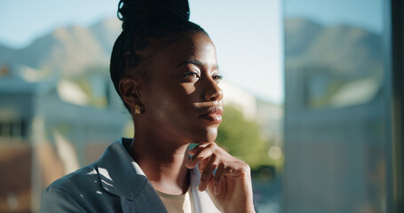 Poster - Ideas, window or black woman in office thinking for urban real estate, vision or reflection. Space, choice or serious African realtor with solution, mission or inspiration for property investment
