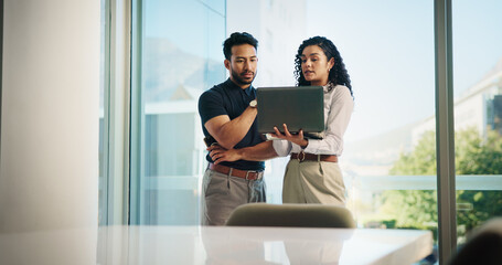 Poster - Business people, laptop and meeting with real estate team, discussion or available listings on website. Check, collaboration and property review for realtor group, strategy or client feedback on pc