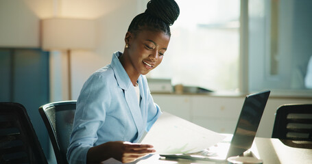 Poster - Business, laptop and woman with documents, charts and schedule for budget review. African person, accountant and employee in office, pc and audit report with paperwork, financial website and economy