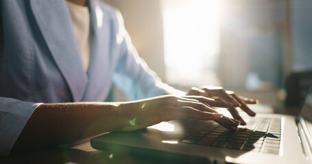 Aufkleber - Business, hands and person with typing on laptop for article submission, story research or editing. Creative agency, journalist and technology for proofreading blog, editor feedback email or campaign