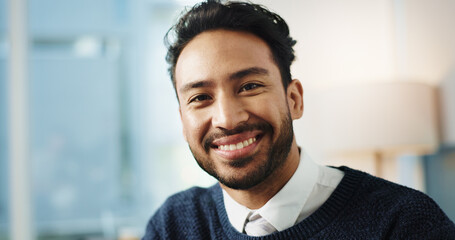 Poster - Smile, portrait and businessman in office for lawyer, advocate and career pride. Legal aid, consultant and happy for opportunity with attorney person for law firm, agency and legislation with space