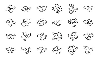 Poster - Illustrated set of chicken cuts with drumsticks wings and thighs outlined in black and white