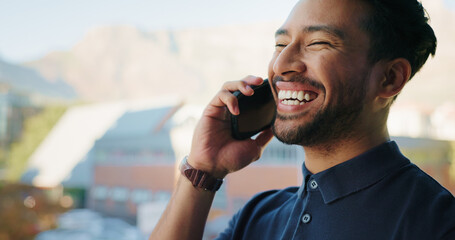 Poster - Talk, employee and man with smile, phone call and laughing at joke, communication and event planner. Happy, party coordinator and person with mobile for discussion, humor and planning for schedule