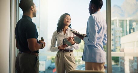 Poster - Office, group and business people in meeting for discussion, ideas or insurance policy for claims. Team, planning and workers in cooperation with technology for risk management or financial coverage