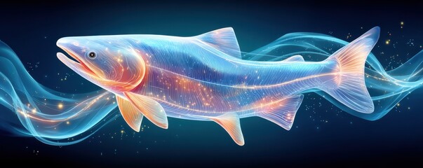 Poster - Glowing digital illustration of a fish with futuristic lines and patterns