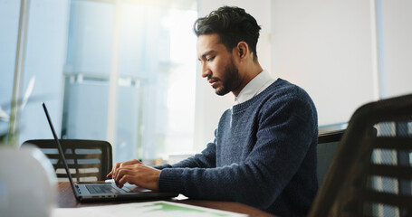 Poster - Lawyer, laptop and thinking in office for typing, advocate and case research. Legal aid, consultant and online for opportunity with attorney person with law firm, agency and legislation or document