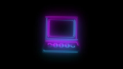 Laptop and desktop computer monitor screen and beautiful color icon animation. Monitor and keyboard, tech illustration, user interface concept, digital device on black background.