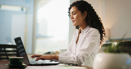 Poster - Laptop, research and businesswoman in office with typing, communication or email with finance client. Computer, contact and female financial manager with online investment proposal in workplace.