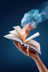 Poster - Open book emitting bright low-poly graphics emphasizing creativity and knowledge