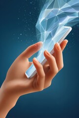 Poster - Abstract hand holding smartphone with digital polygonal network design