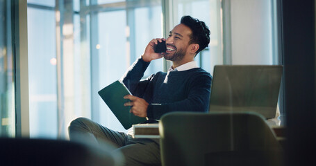 Poster - Communication, employee and man with smile, phone call and laughing at joke, tablet and event planner. Happy, party coordinator and person with mobile for discussion, humor and planning for schedule