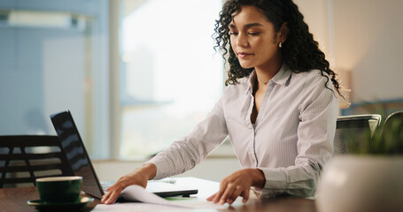 Poster - Lawyer, woman and document in office for research, advocate and case thinking. Legal aid, laptop and online report for opportunity with attorney person with law firm, agency and reading legislation