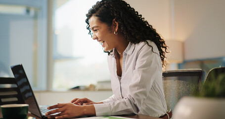 Aufkleber - Laptop, laugh and businesswoman in office with contact, communication or email with finance client. Computer, good news and female financial manager with online investment proposal in workplace.