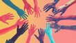 © iri.madrid.art - Celebrating world humanist day with unity and diversity in vibrant colors. Horizontal banner. Copy space. Free space for text. Human hands on a yellow background