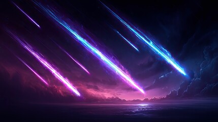 Wall Mural - Streaks of light streak across a dark sky over a hazy, reflective sea