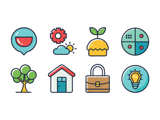Poster - Collection of eight colorful line icons isolated on white background

