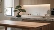 © Studio VIP - Smooth matte oak wood table with zen kitchen background, photorealistic studio mockup for clean product visuals