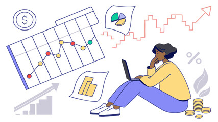 Poster - Woman analyzes financial data with laptop surrounded by charts and graphs showing market trends and growth