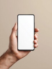 Poster - Hand holding smartphone with blank white screen isolated on neutral transparan background.