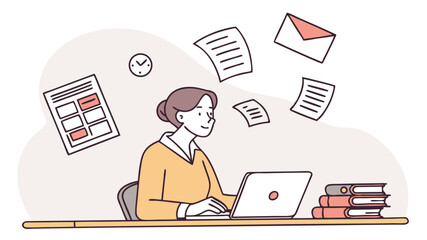 Poster - Illustration of a woman working at a laptop with flying papers, books, and a clock in the background
