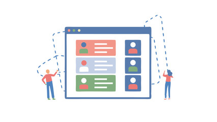 Poster - illustration of a browser window with profiles and two people interacting with the interface