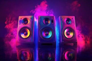 Poster - Three colorful speakers illuminate a dark space with vibrant lights creating an energetic atmosphere, Three colorful speakers with vibrant lights and reflections on a dark background
